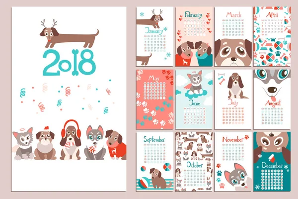 Tvůrčí kalendář 2018 s štěňata. — Stockový vektor