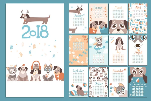 Creatieve kalender 2018 met puppies. — Stockvector