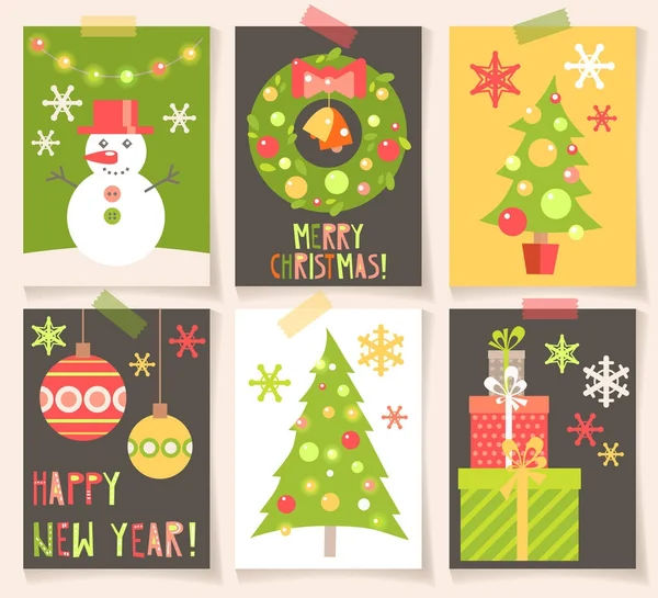 Κάρτες με επίπεδη Χριστουγεννιάτικα σύμβολα — Διανυσματικό Αρχείο