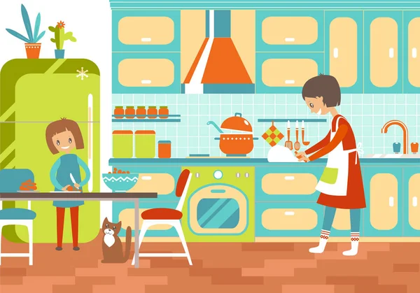 Mamma och dotter matlagning i köket — Stock vektor