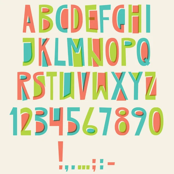 Vektör İngilizce latin alfabesi. Harfler, sayılar, simgeler. Yazı tipi, komik karikatür tarzı renkli izole
