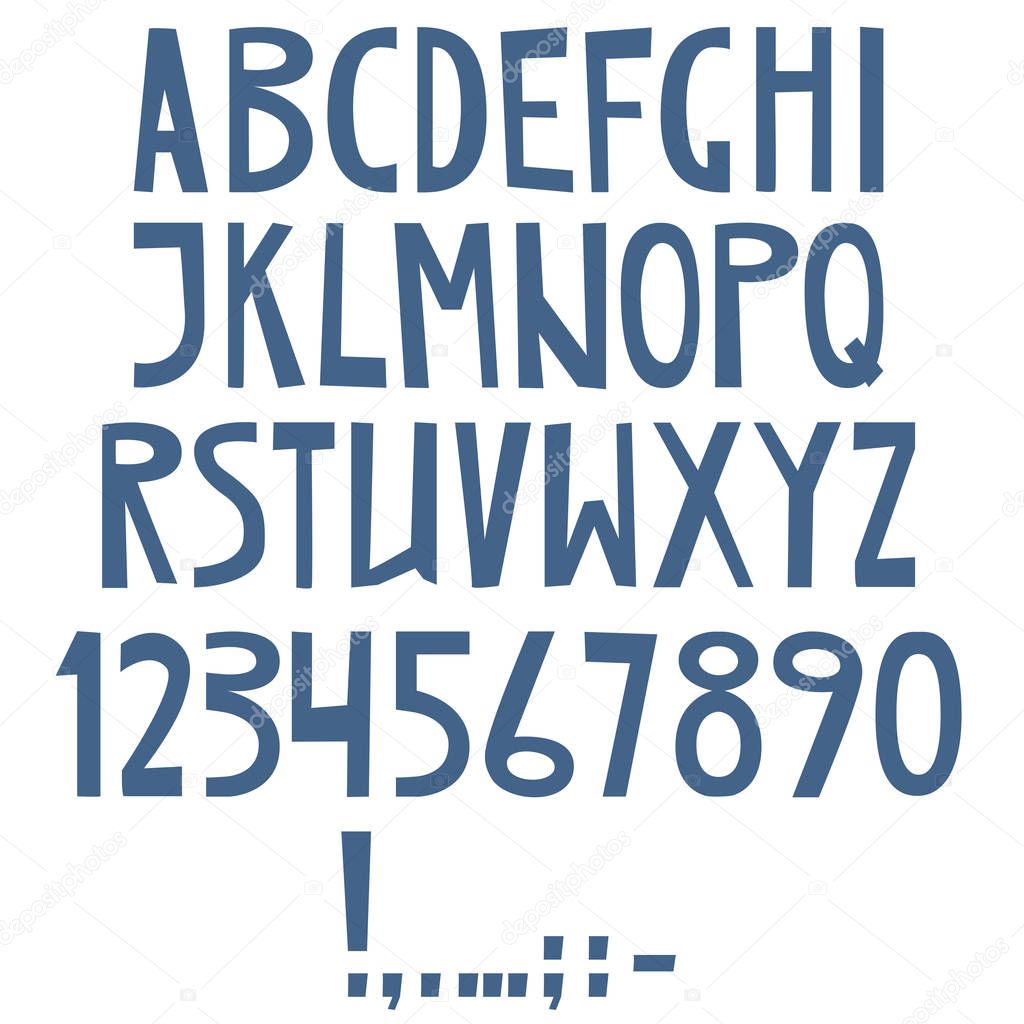 Vector English latin alphabet. Letters, numbers, symbols. Isolates font comic cartoon style