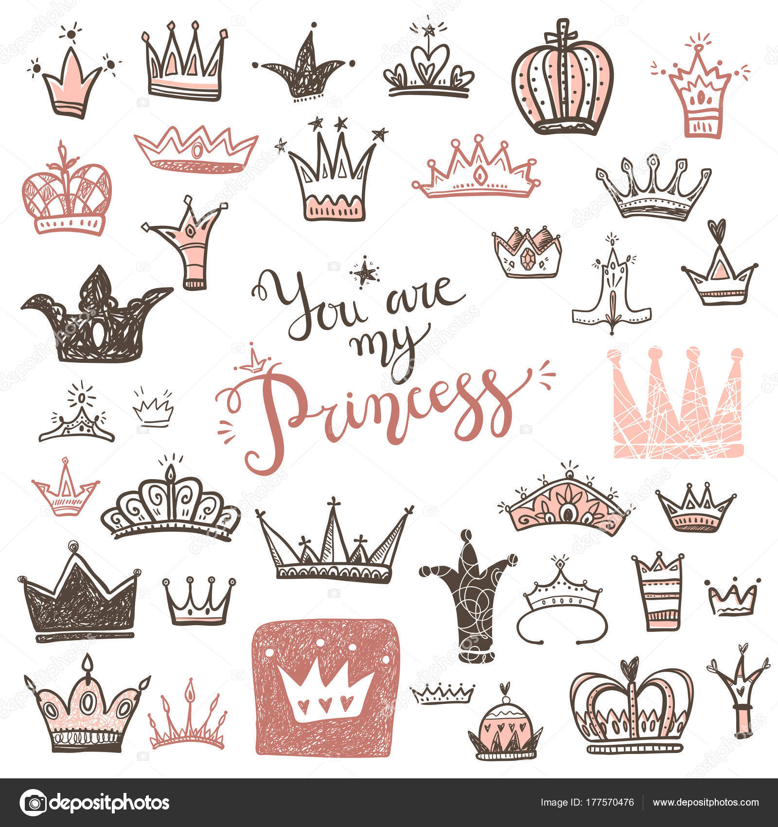 Hand Drawn Various Crowns Set Vector Illustration Doodle Cute Style Stock Vector C Dinkoobraz