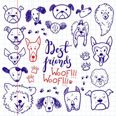 Komik köpek Icons collection doodle. Çizilmiş evcil hayvan el, çizilmiş tasarım evlat. Şirin modern zarif stil, farklı doğurmak
