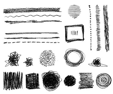 El vektör soyut öğeler çekilmiş. Çizgi, nokta, karalamalar ve lekeleri. Sert vuruş. Şık modern tasarım. Tebeşir ve kalem.