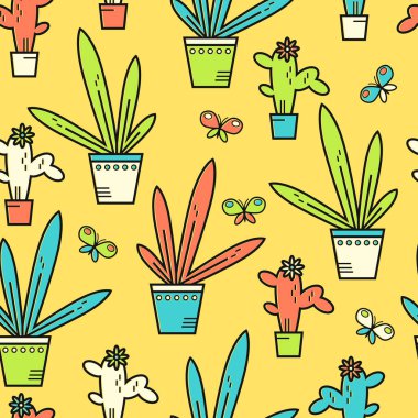 Basit vektör parlak düz doğrusal houseplants. Etli ve yaprakları. Yeşil arkadaşlar. Minimalist grafik işareti. Hat sanatı. Dikişsiz parlak desen