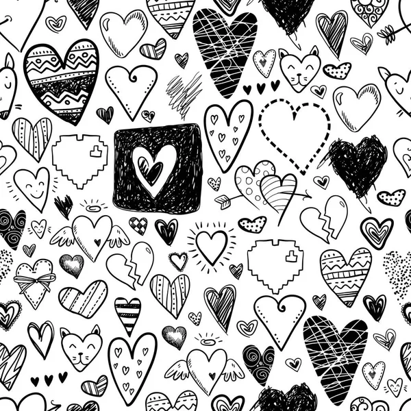 Divertido Doodle Corazones Iconos Patrón Sin Costuras Día San Valentín — Vector de stock