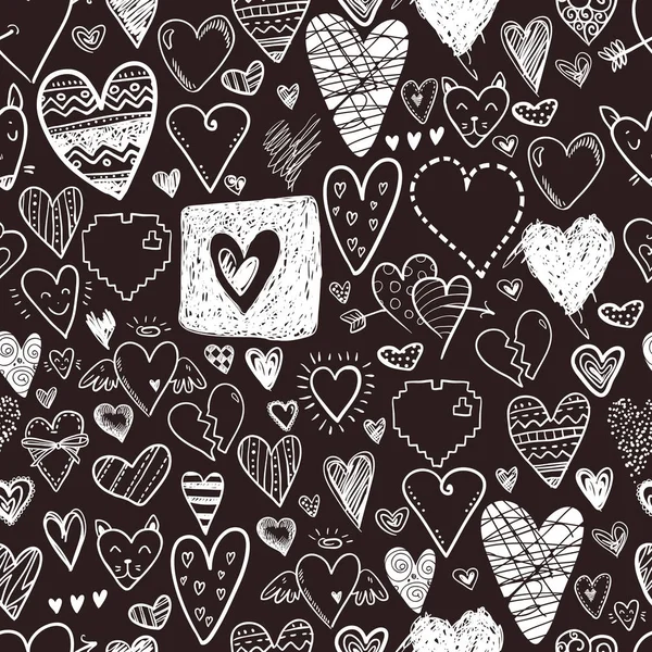 Divertido Doodle Corazones Iconos Patrón Sin Costuras Día San Valentín — Vector de stock