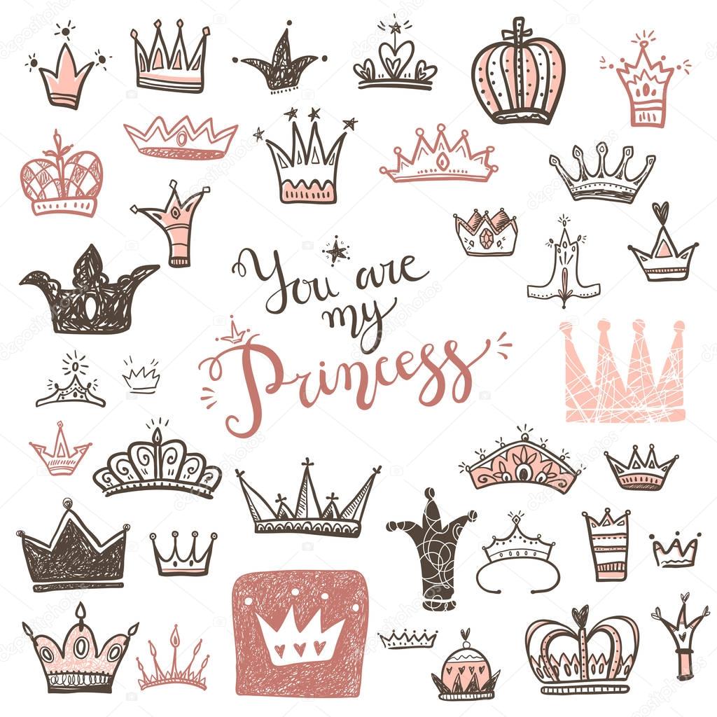 Hand drawn Various crowns set, vector illustration doodle cute style. 