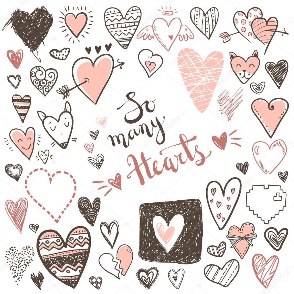 Funny doodle hearts icons collection. Hand drawn Valentines day, wedding design. Cute elegant style, modern design
