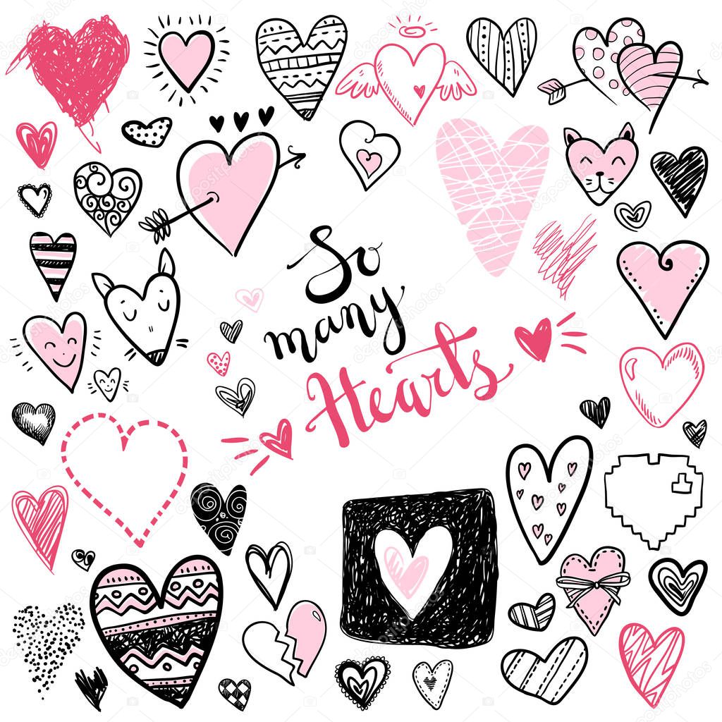 Funny doodle hearts icons collection. Hand drawn Valentines day, wedding design. Cute elegant style, modern design