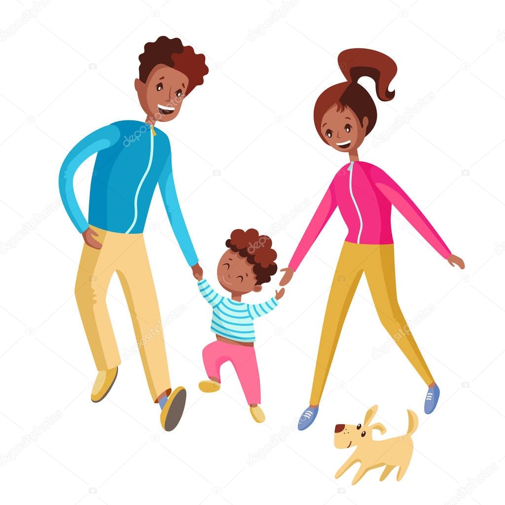 A happy family walking together. Mom, Dad and son go ahead with the dog. Vector illustration. Smiling.