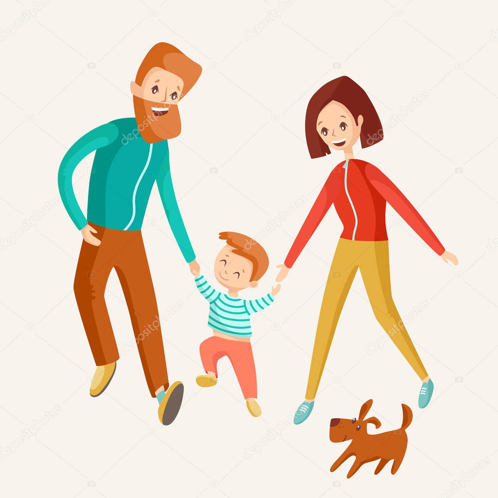A happy family walking together. Mom, Dad and son go ahead with the dog. Vector illustration. Smiling.