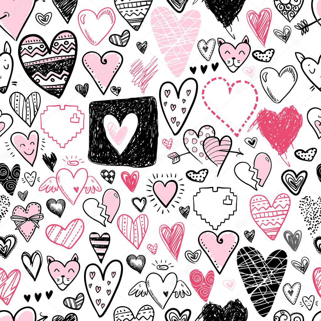 Funny doodle hearts icons seamless pattern. Hand drawn Valentines day, wedding design. Cute elegant style, modern design