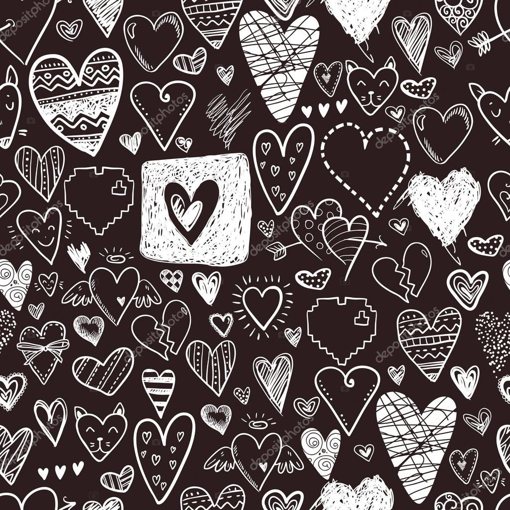 Funny doodle hearts icons seamless pattern. Hand drawn Valentines day, wedding design. Cute elegant style, modern design
