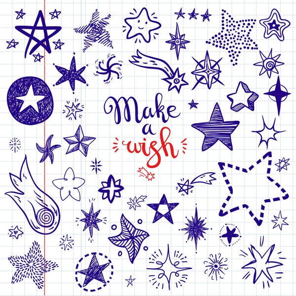 Funny Doodle Stars Comets Icons Hand Kids Drawn Skethes Chalk — Stock Vector