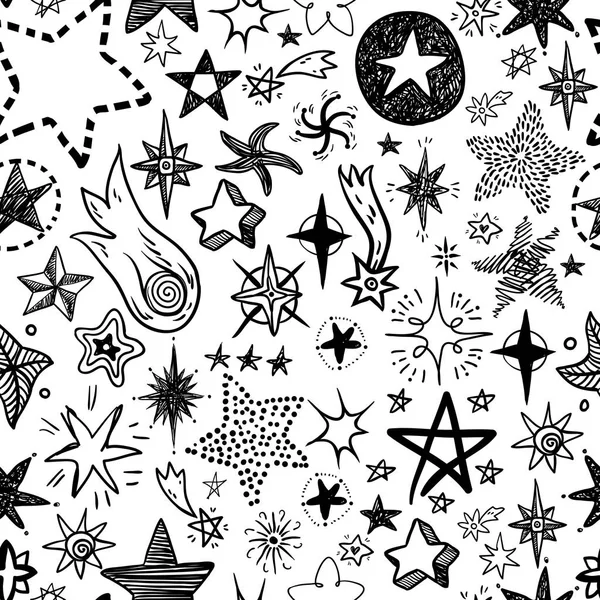 Engraçado Doodle Estrelas Cometas Ícones Sem Costura Padrão Mão Crianças —  Vetores de Stock