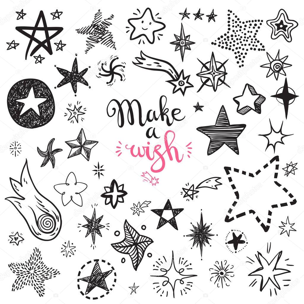 Funny doodle stars and comets icons. Hand kids drawn skethes on the chalk board. Make a wish, lettering