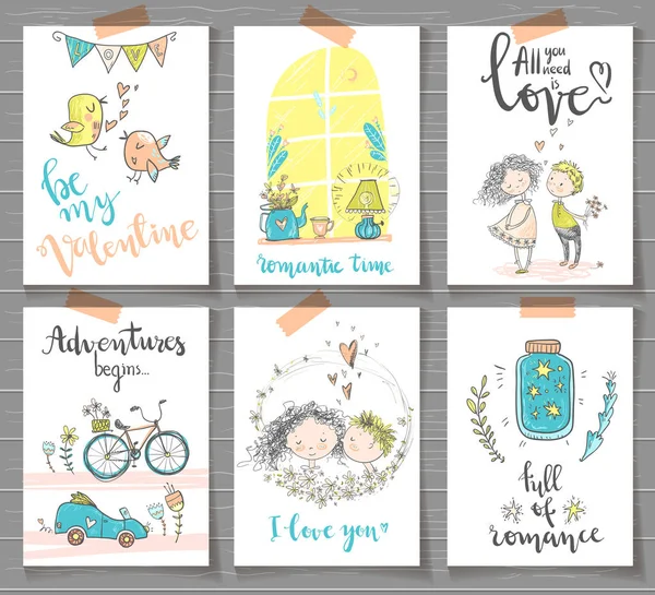 Cute Vector Set Happy Valentine Day Cards — Stock Vector