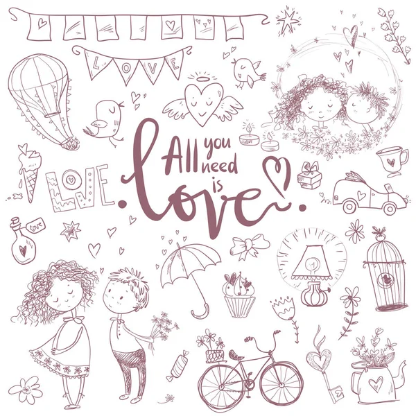 Cute Fall Love Illustration Nice Romantic Isolated Elements Flowers Couples — Stock Vector