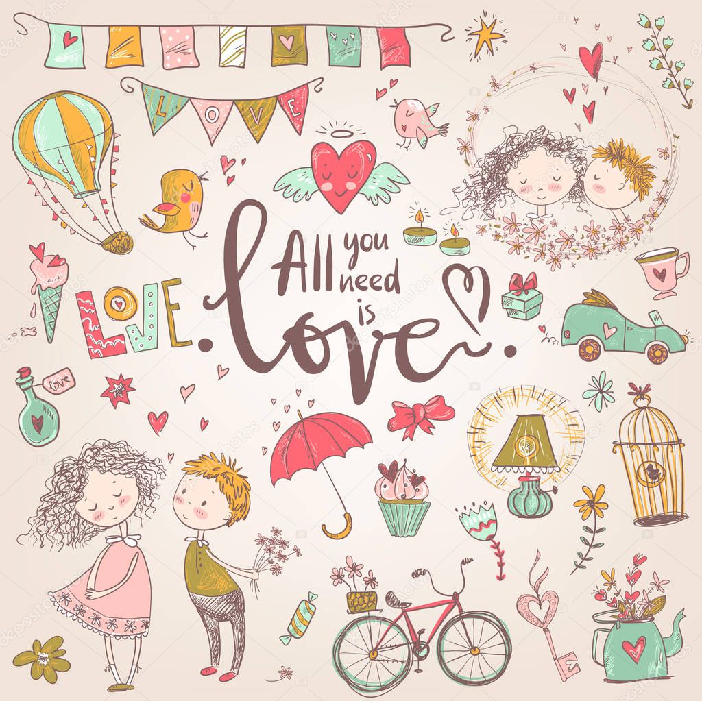 Cute fall in love illustration. Nice romantic isolated elements. Flowers, couples, gifts, decorations and romantic atmosphere things. Vector illustration.