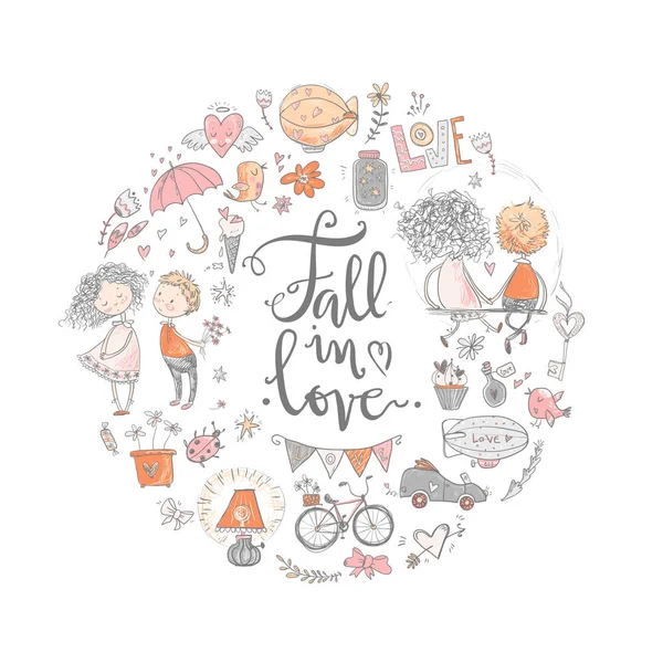 Cute fall in love round illustration — Stock Vector