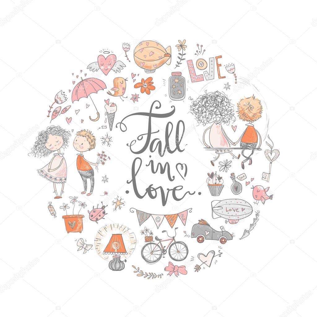 Cute fall in love round illustration