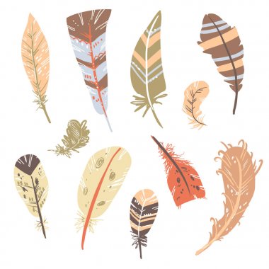 dizi elle çizilmiş renkli kabile tüyler, vektör, illüstrasyon