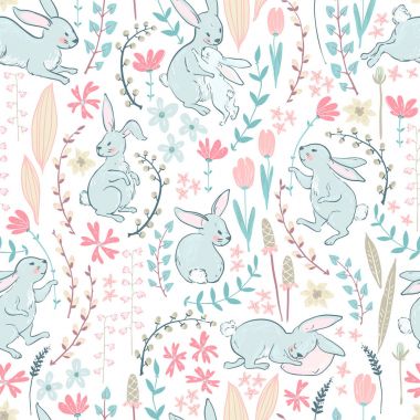 Paskalya karikatür şirin bunnies ve pastel renkler, vektör, illüstrasyon dallarında çiçeklerle ile seamless modeli