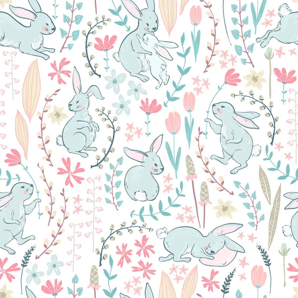 Paskalya karikatür şirin bunnies ve pastel renkler, vektör, illüstrasyon dallarında çiçeklerle ile seamless modeli