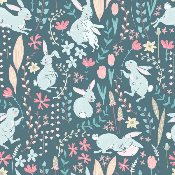 Easter Seamless Pattern Cartoon Cute Bunnies Flowers Branches Pastel Colors — Stock Vector
