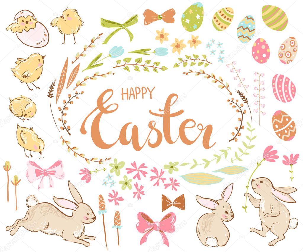 greeting Easter card with cute collection of cartoon bunnies with chickens and flowers with eggs in pastel colors, vector, illustration