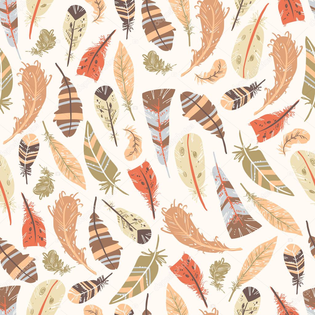 seamless pattern with hand drawn colorful tribal feathers, vector, illustration