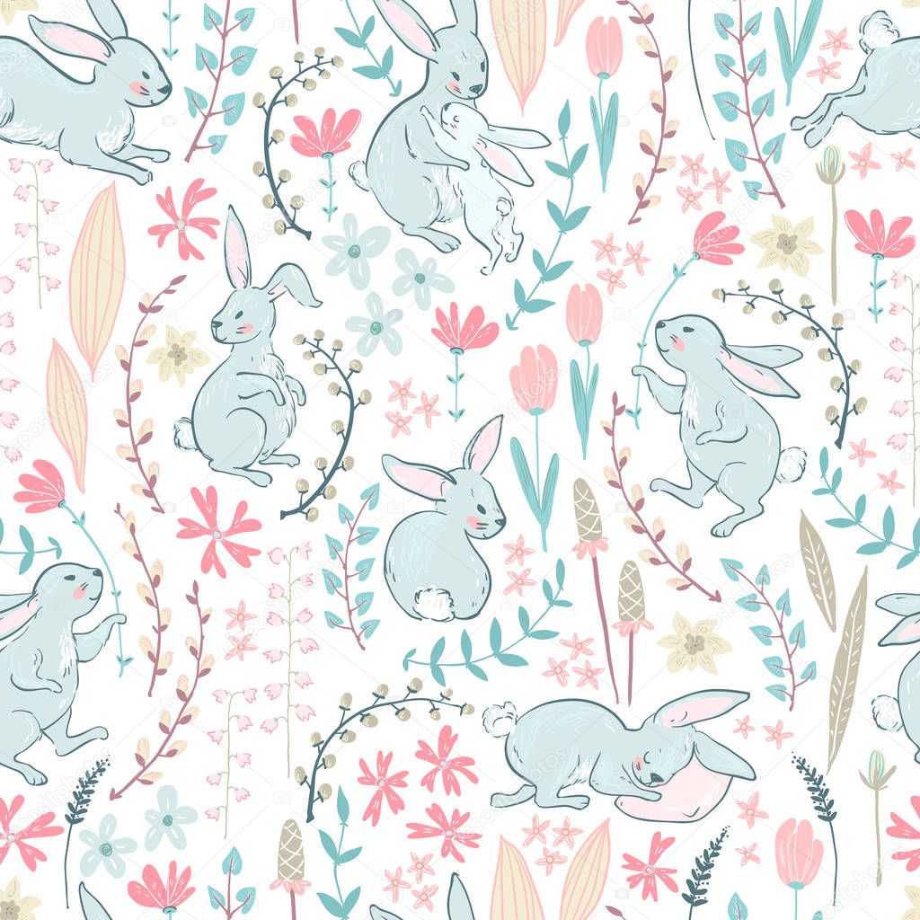 Easter seamless pattern with cartoon cute bunnies and flowers with branches in pastel colors, vector, illustration