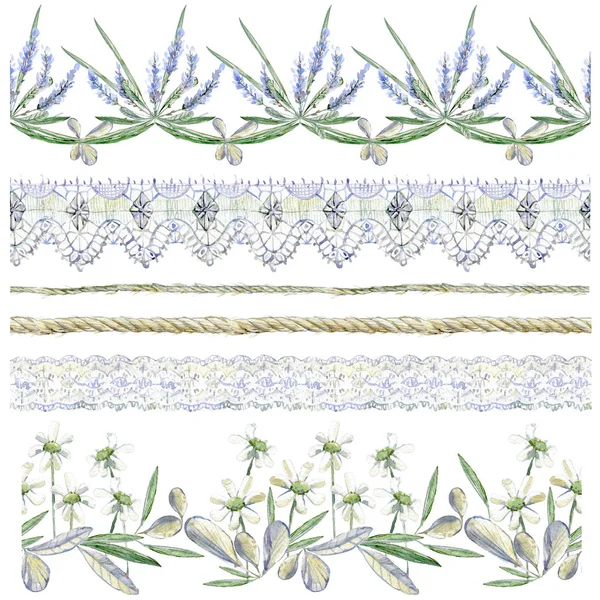 Aquarell Cliparts Sammlung Von Nahtlosen Grenzen Blumenkompositionen Seil Zwirn Spitze — Stockfoto