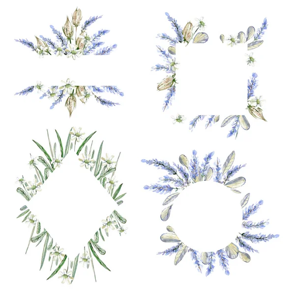 Aquarell Handgezeichneter Rahmen Einladungsvorlage Karte Blumen Kräuter Und Blätter Sammlung — Stockfoto
