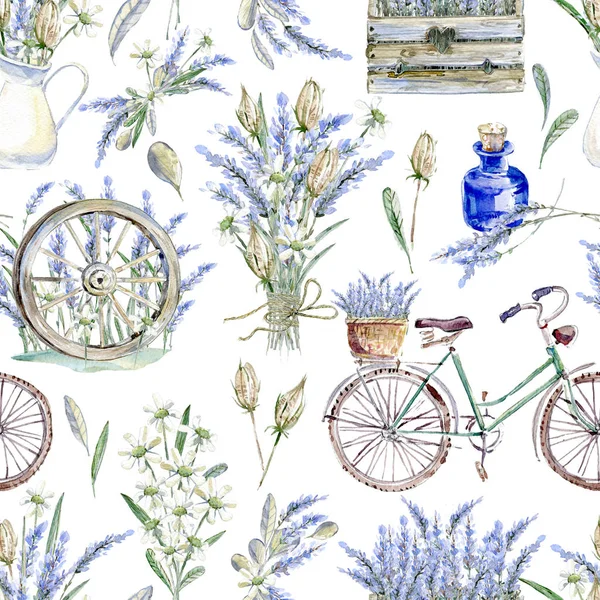 Akwarele Realistyczne Ilustracje Kwiatowy Wzór Provence Retro Rower Lawenda Drewniane — Zdjęcie stockowe
