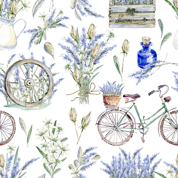 Akvarell Realistisk Illustration Sömlös Blommönster Provence Retro Cykel Lavendel Trä — Stockfoto