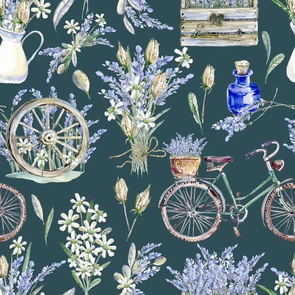 Ilustração Realista Aquarela Padrão Sem Costura Floral Provence Bicicleta Retro — Fotografia de Stock