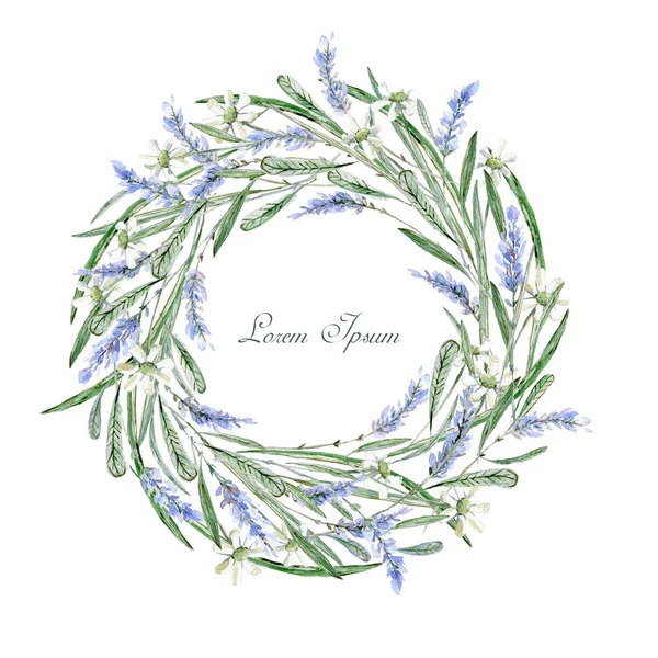 Watercolor Hand Drawn Frame Wreath Card Flowers Herbs Leaves Lavender — Stock Photo, Image