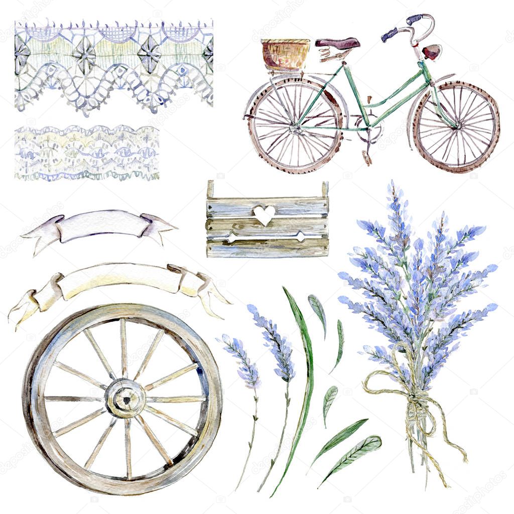 Set of hand drawn watercolor clipart. Provence atmosphere, lavender and rustic vintage illustration.