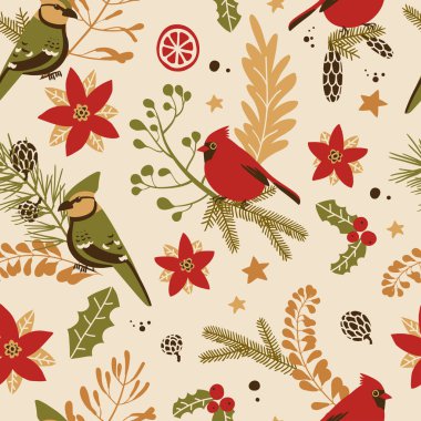 Noel dekoratif elementleriyle kusursuz desen - bitkiler, br