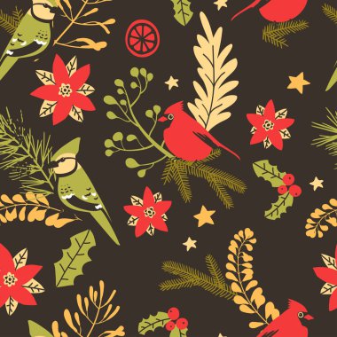 Noel dekoratif elementleriyle kusursuz desen - bitkiler, br