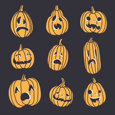 Bir grup ürkütücü Cadılar Bayramı kabağı suratı. Farklı duygular.