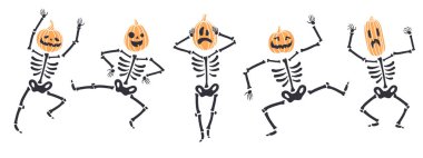 Komik Cadılar Bayramı iskeletleri farklı pozlarda balkabağı kafalarıyla.