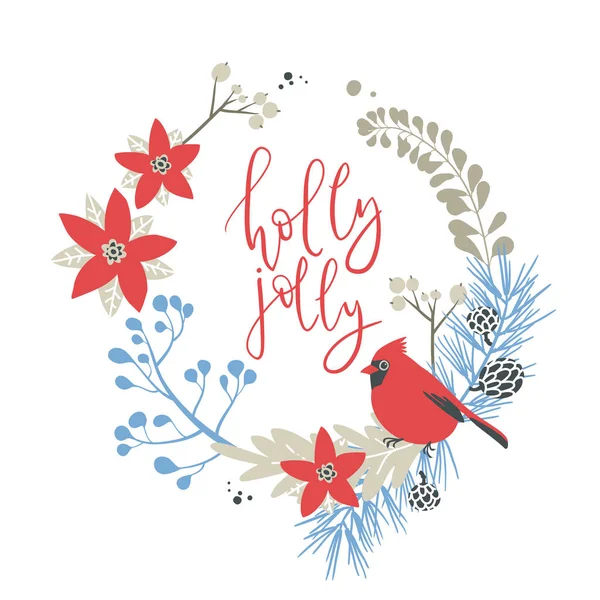 Corona con elementos decorativos de Navidad - plantas, ramas, pájaro cardenal rojo. Símbolos tradicionales, tarjeta de felicitación — Archivo Imágenes Vectoriales