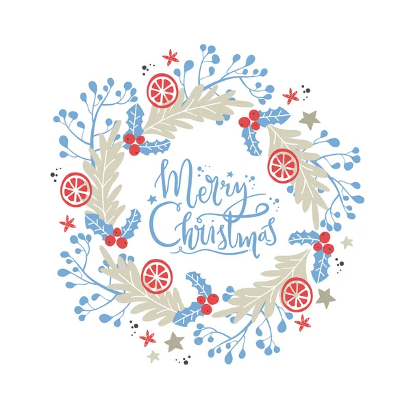 Corona con elementos decorativos de Navidad - plantas, ramas, naranja. Símbolos tradicionales, tarjeta de felicitación, ilustración vectorial — Archivo Imágenes Vectoriales
