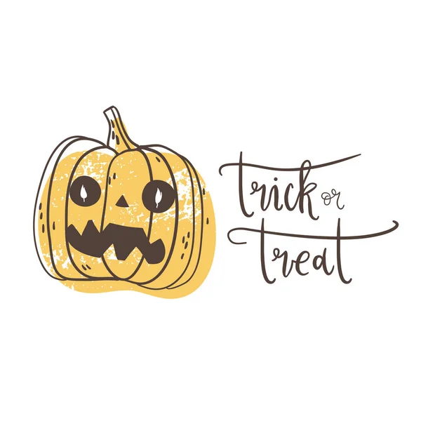 Truco o trato. Cartel de Halloween con linterna de calabaza dibujada a mano — Vector de stock