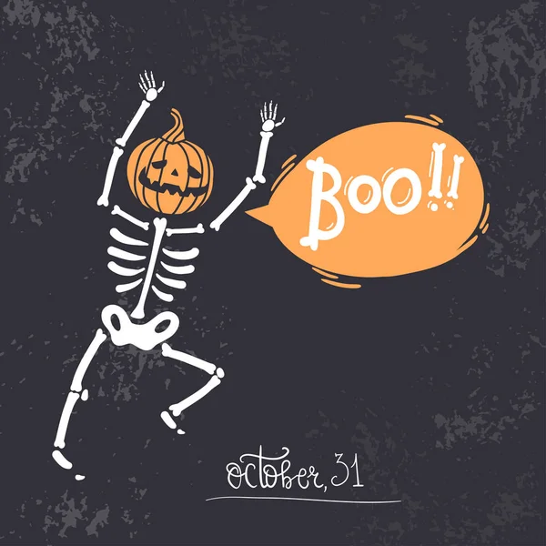 ¡Boo! Cartel con esqueleto con cabeza de calabaza — Vector de stock