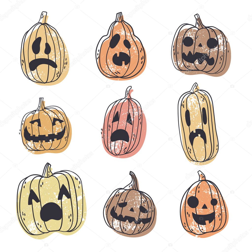 Set of spooky Halloween pumpkin faces. Hand drawn illustration